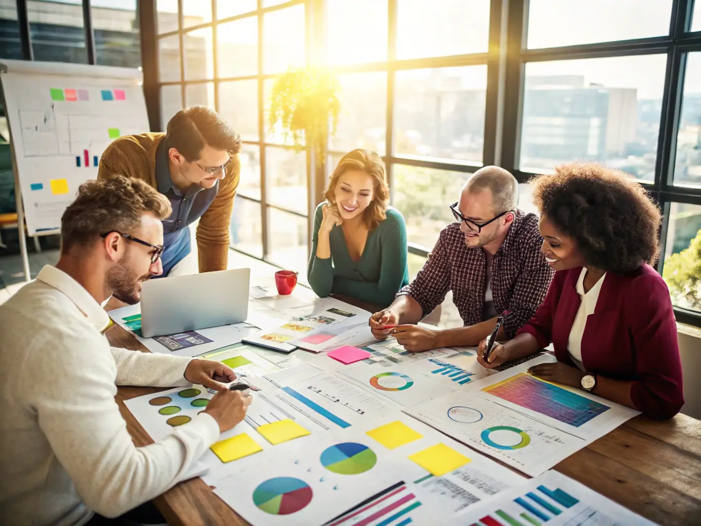 A team collaborating around a table with charts and natural decor, symbolizing strategic planning in a healing environment, representing Strategic Growth Projects.