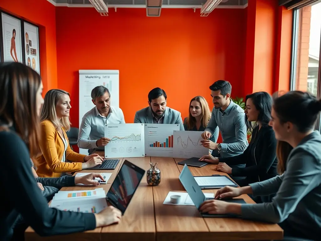 A serene image of a marketing strategy session in a plant medicine retreat center, with participants collaboratively planning outreach strategies.