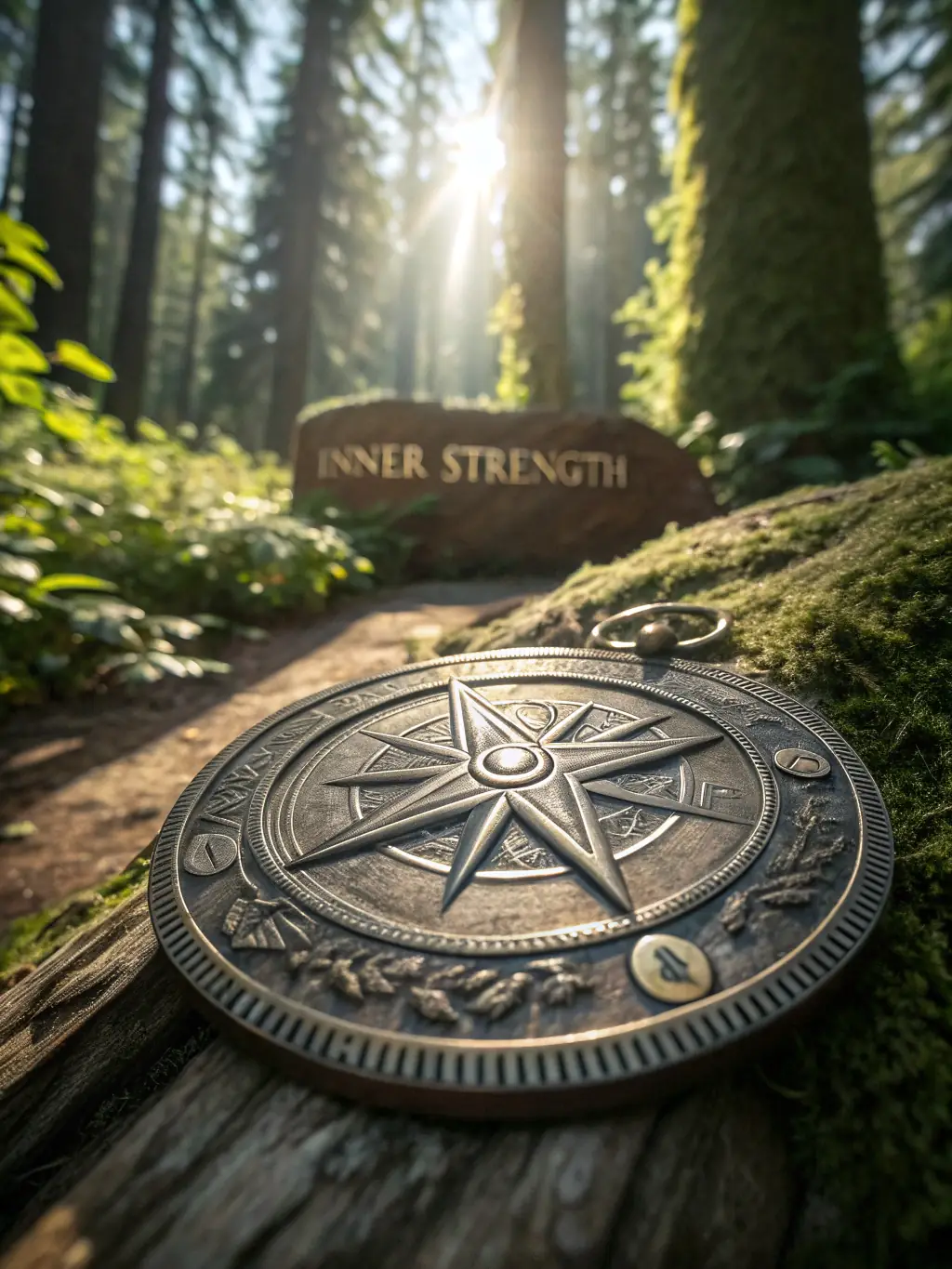 A serene image of a compass pointing towards clarity, set against a backdrop of a lush, green field, symbolizing the strategic clarity Sweetgrass brings to healing organizations.