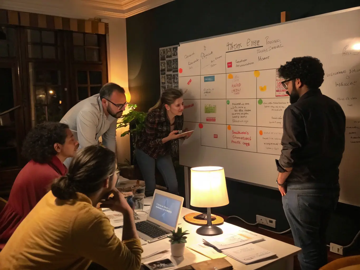 A dynamic image of a team brainstorming growth strategies for a trauma healing organization, focusing on expanding their reach and impact.