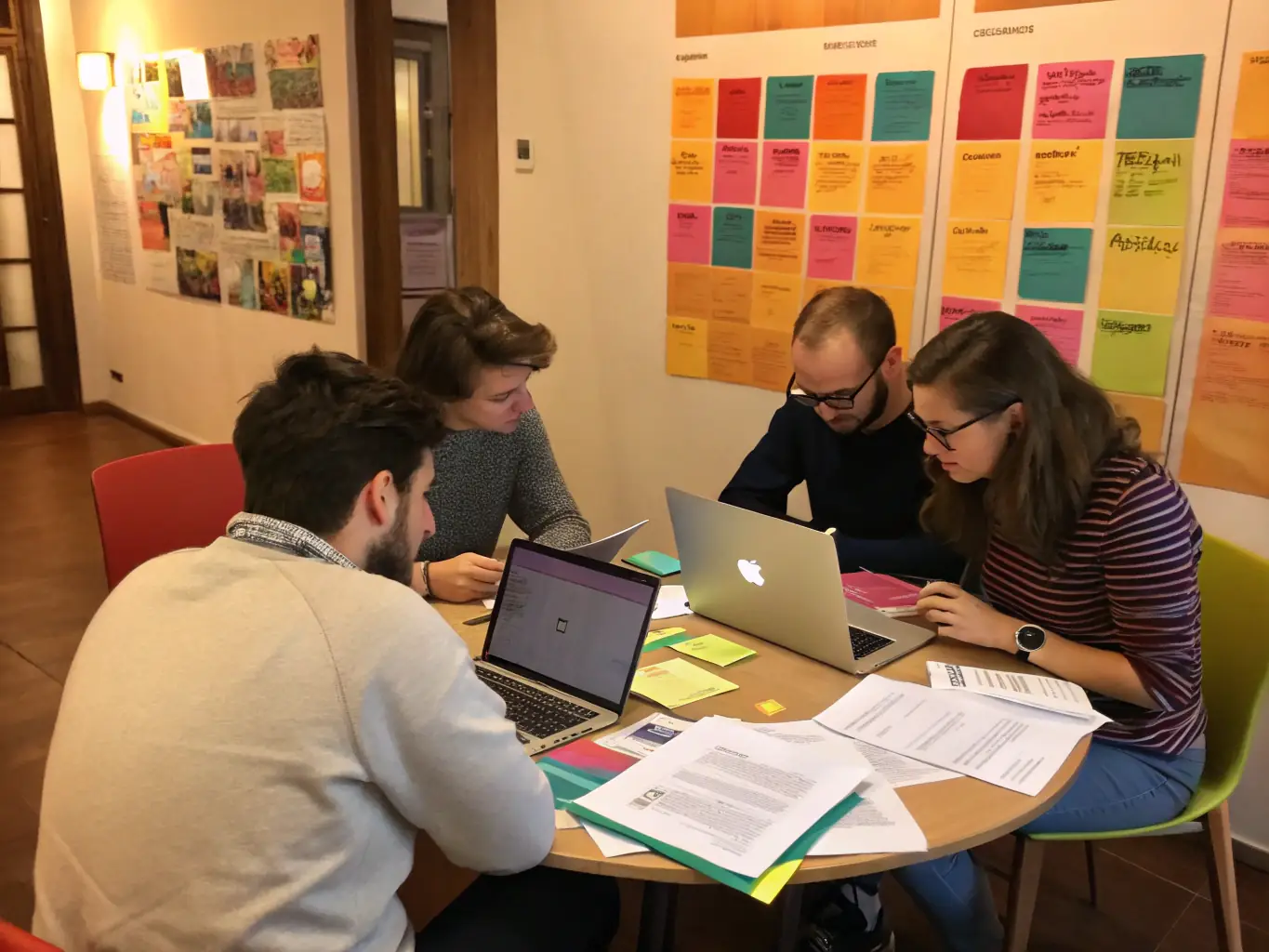 A focused image of a strategic intensive session, with participants deeply engaged in clarifying marketing goals and crafting actionable plans.