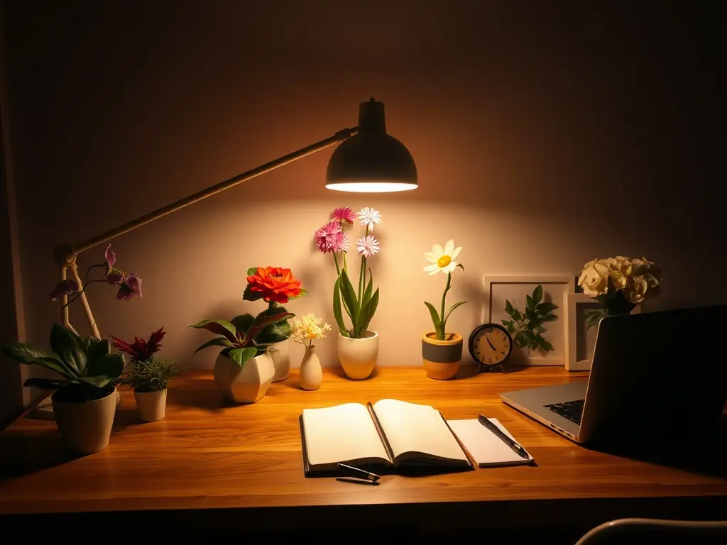 An image of a serene workspace with a person reviewing marketing strategies on a laptop, surrounded by natural elements like plants and crystals, representing Fractional CMO services.